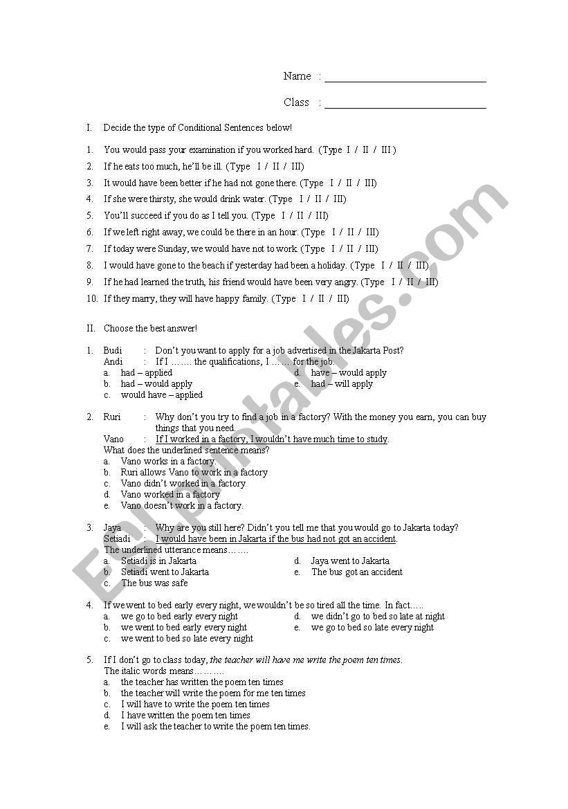Quiz Conditional worksheet