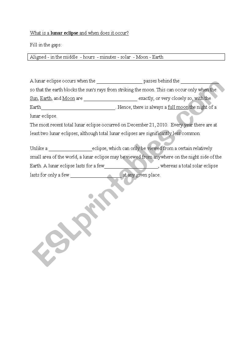 Lunar and solar eclipse worksheet