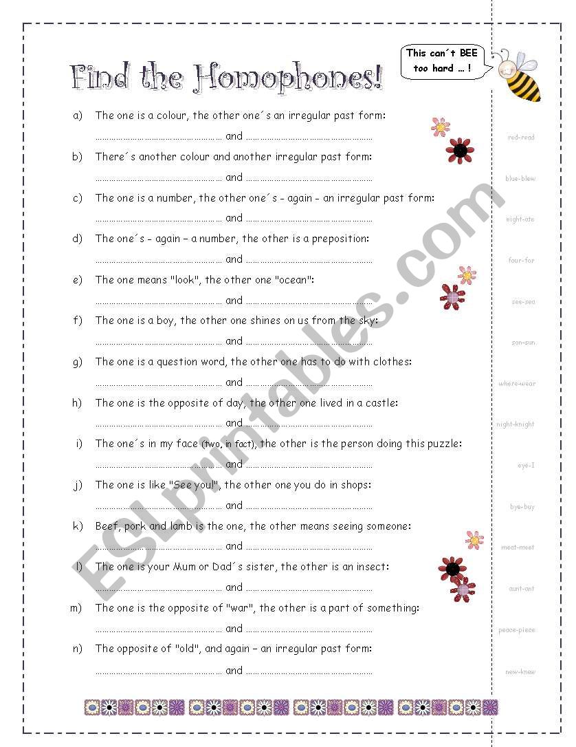 HOMOPHONES for basic vocabulary