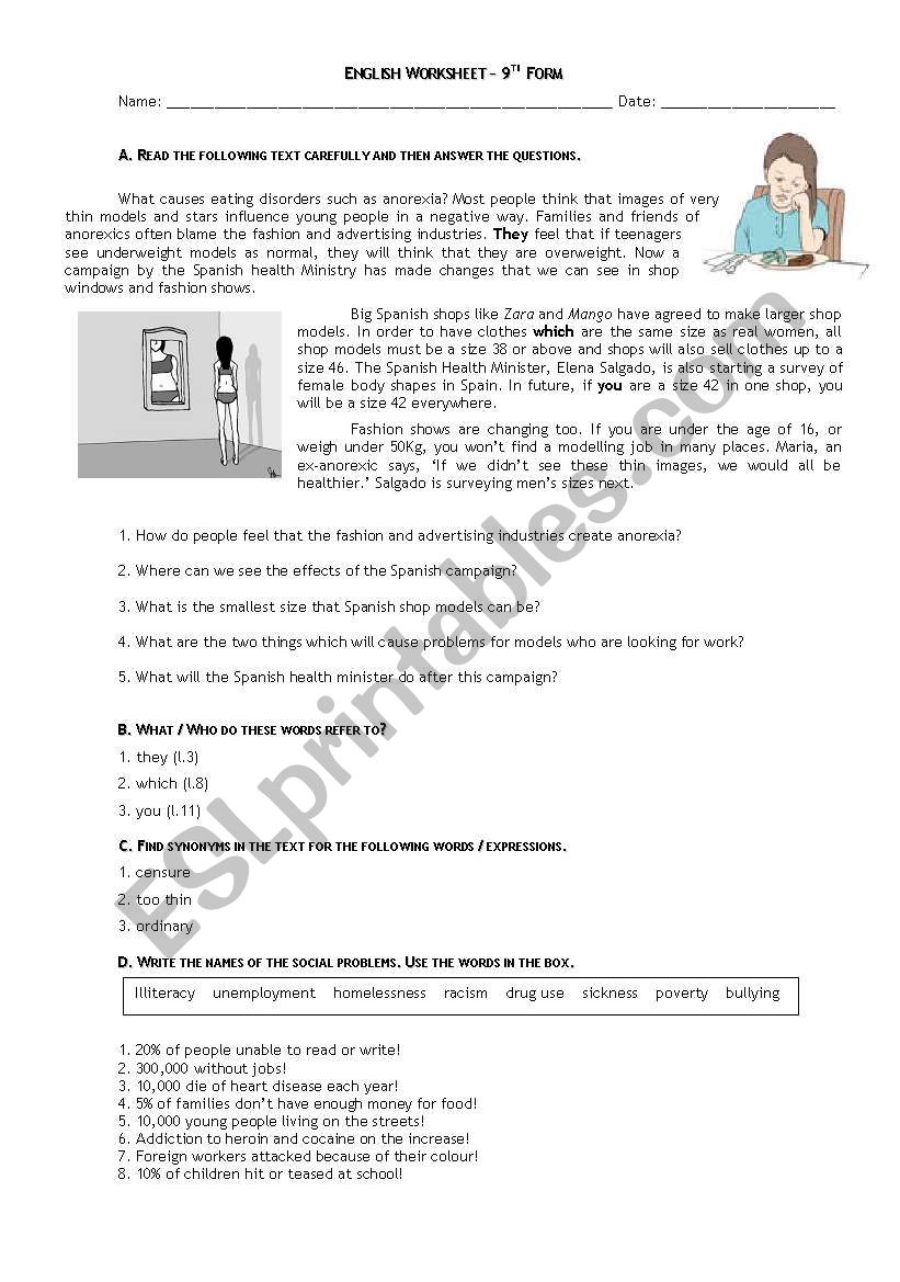 Anorexia worksheet