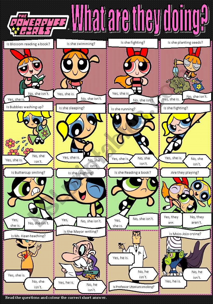 PowerPuff Girls Present Continuous Interrogative Form and Short Answers-COMIC DESIGN