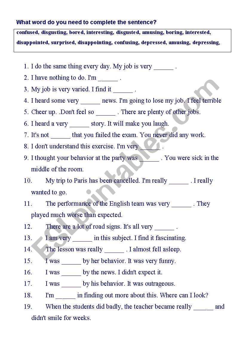 -ed/-ing adjectives worksheet