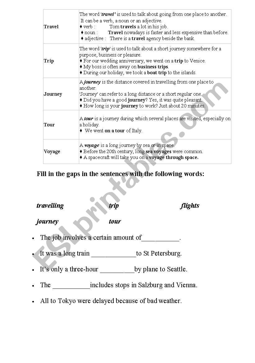 travel trip journey voyage exercises