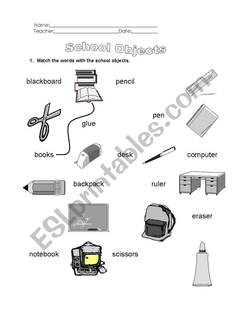 School Objects Matching worksheet