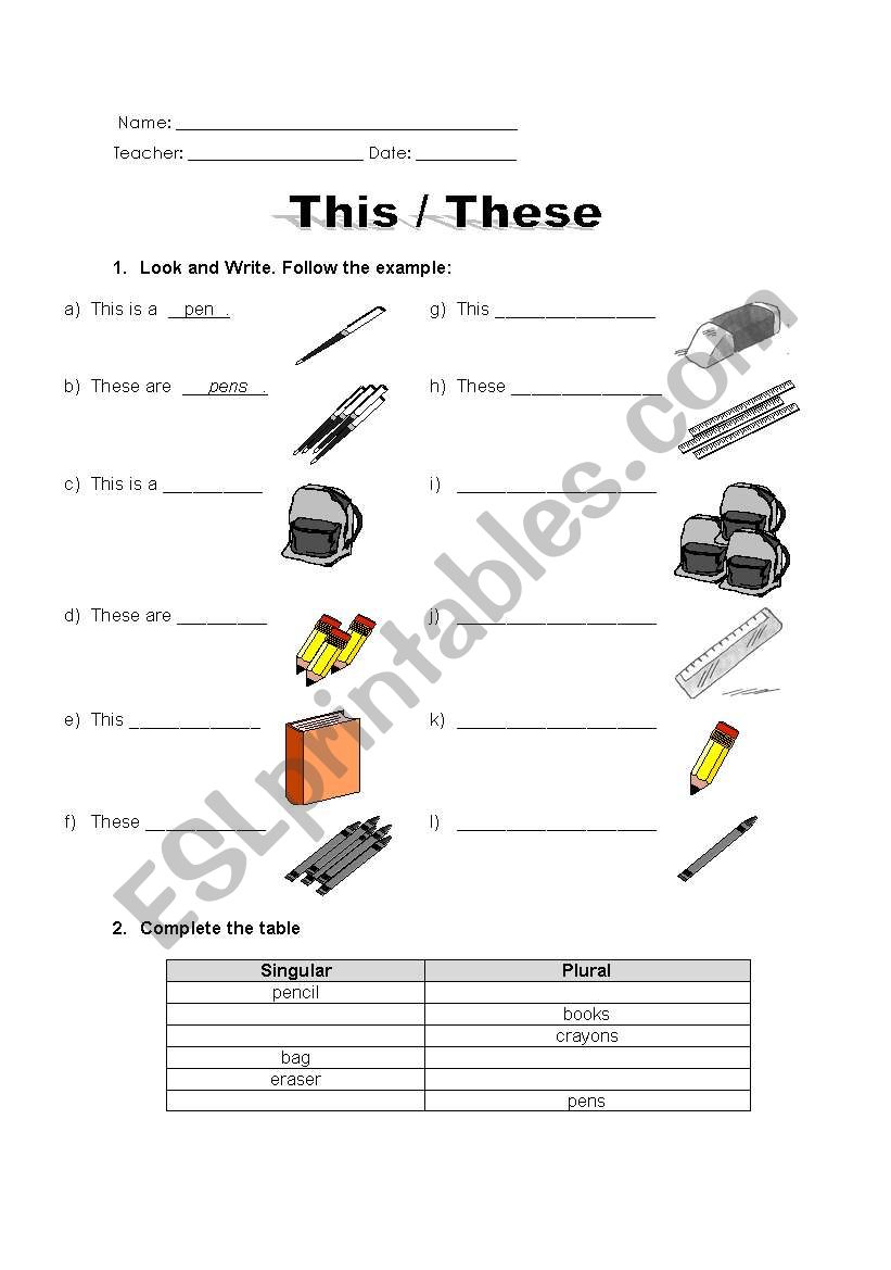 This or These worksheet