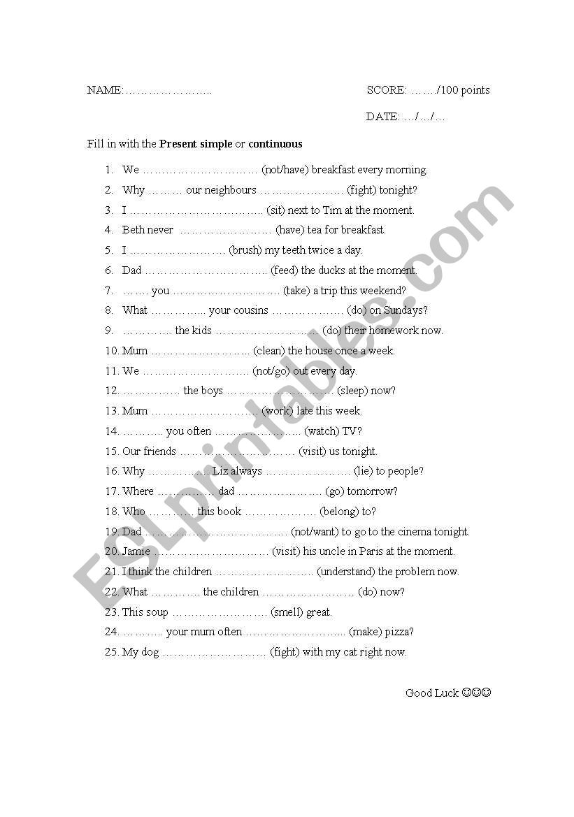 Present simple or continuous worksheet