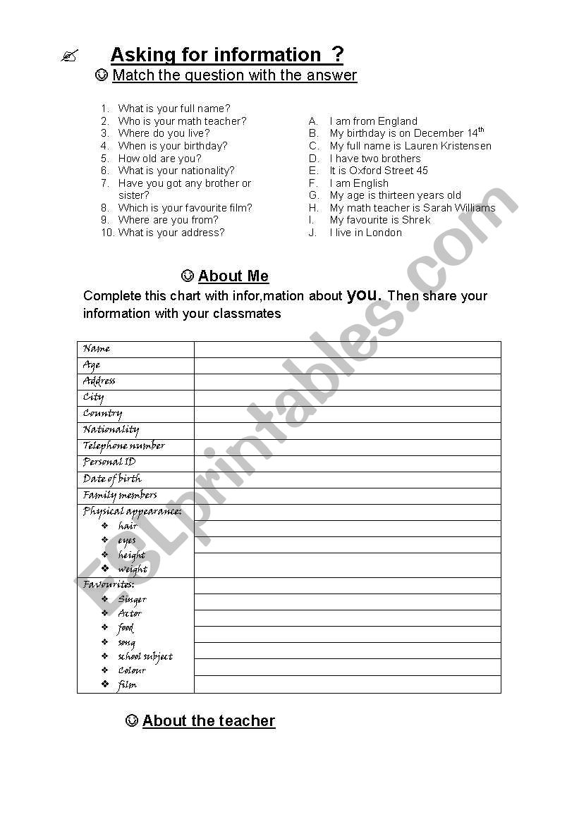 Asking for information worksheet