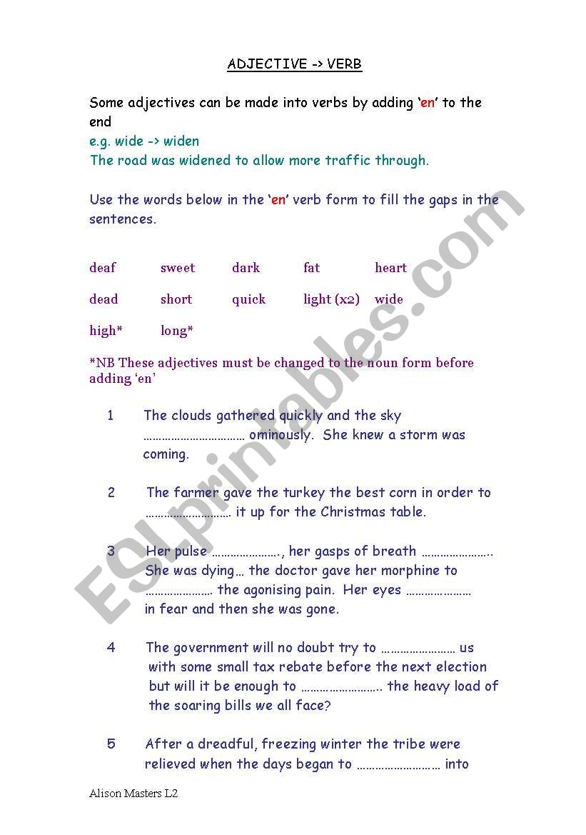 Adjective - verb worksheet
