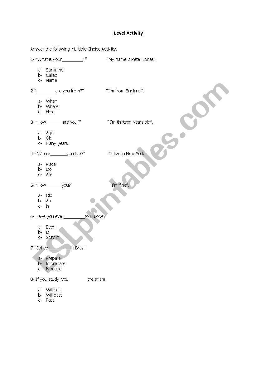 Level activity worksheet