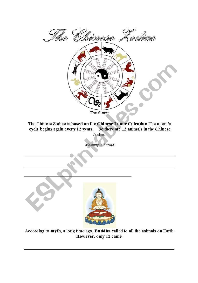 Chinese Zodiac reading comprehension worksheet