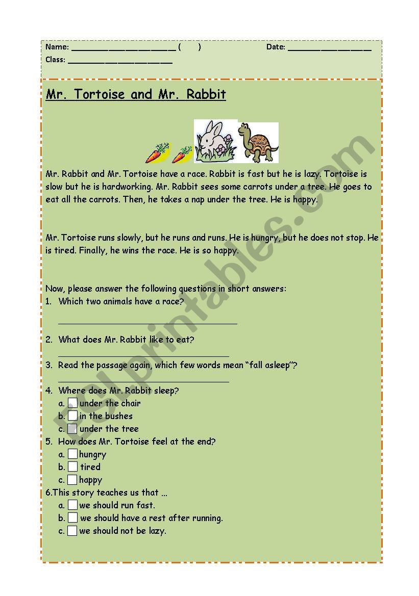 Comprehension: Mr. Tortoise and Mr. Rabbit