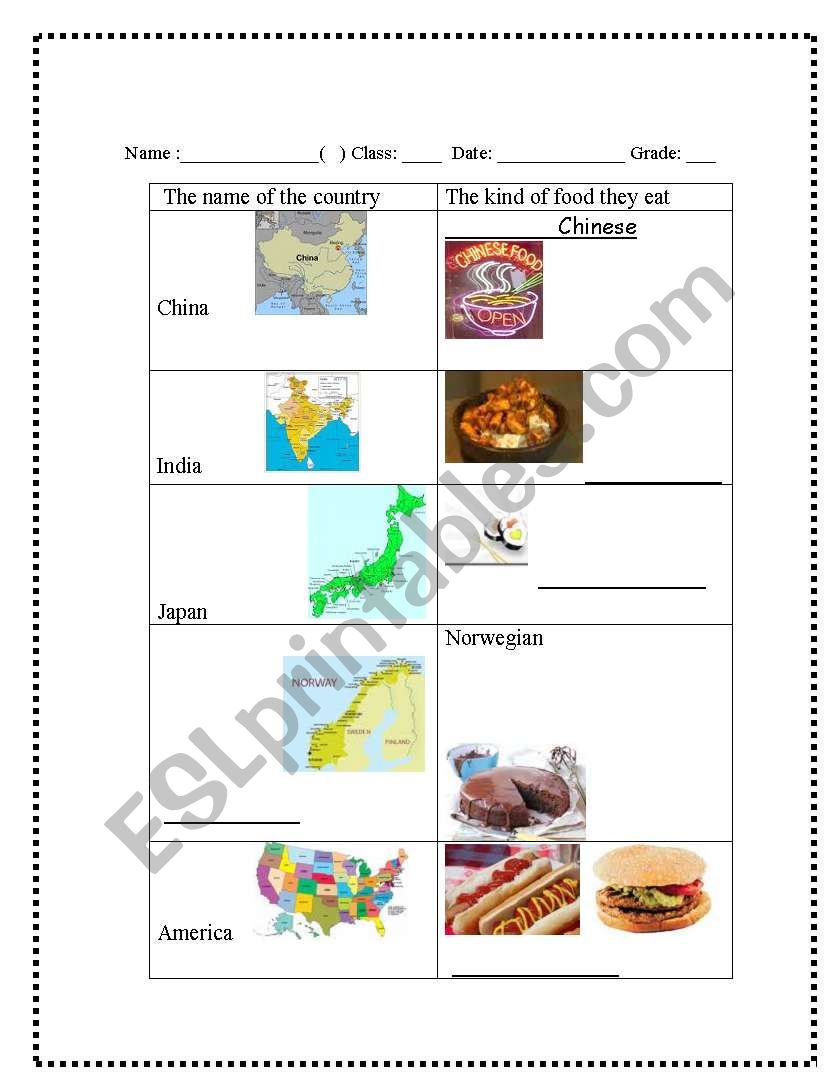 Countries and food worksheet
