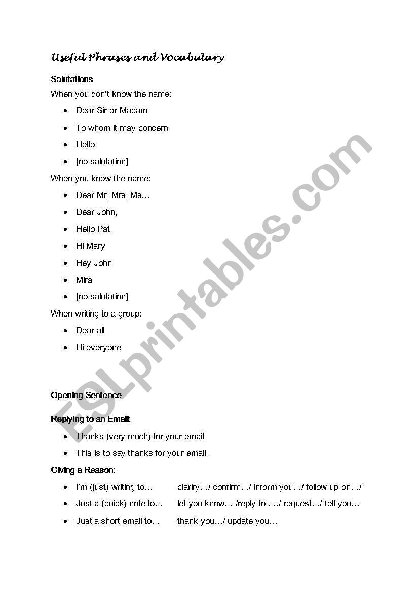 useful phrases for Email worksheet