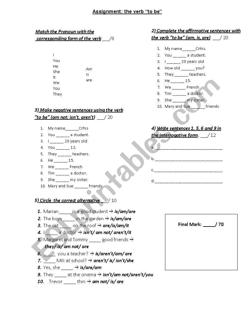 Assignment verb to be worksheet