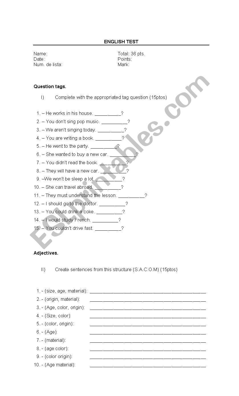 Test question tags worksheet