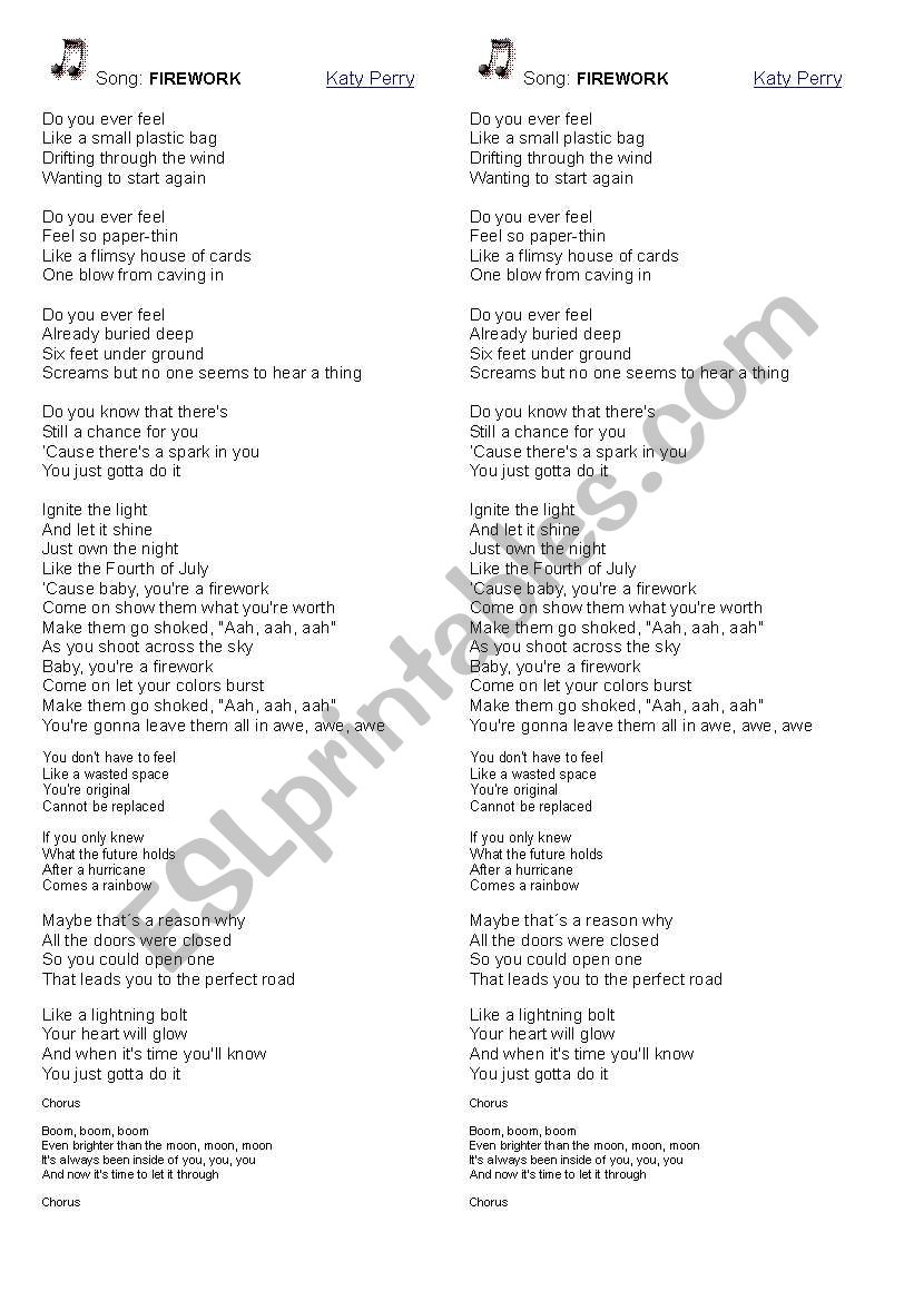 Song Fireworks by Katy Perry worksheet
