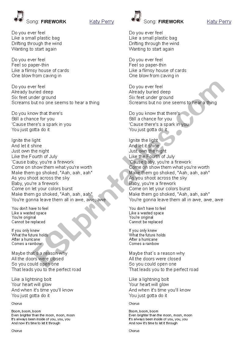 Song Fireworks by Katy Perry worksheet