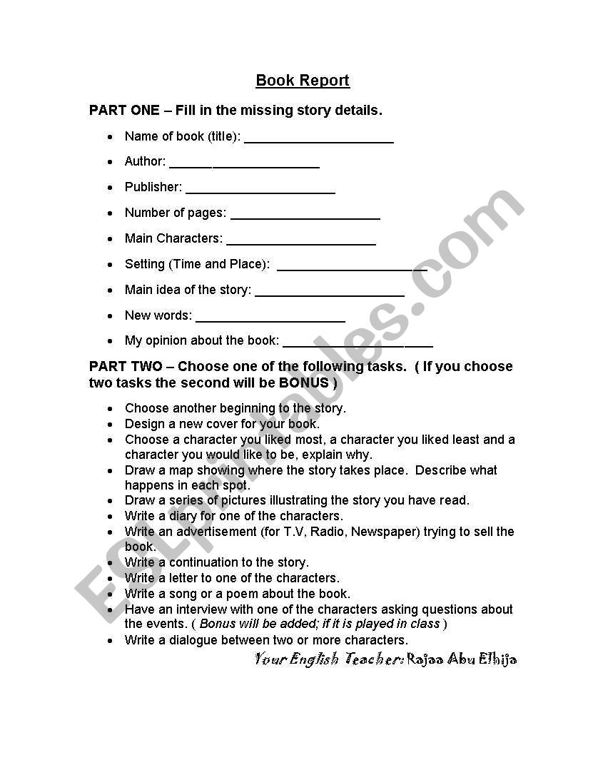 book report worksheet