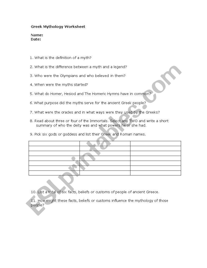 greek gods worksheet