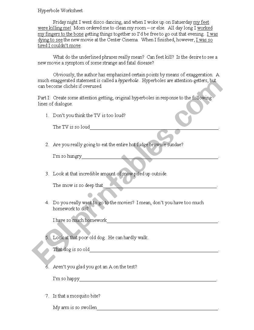 Hyperbole Worksheet worksheet