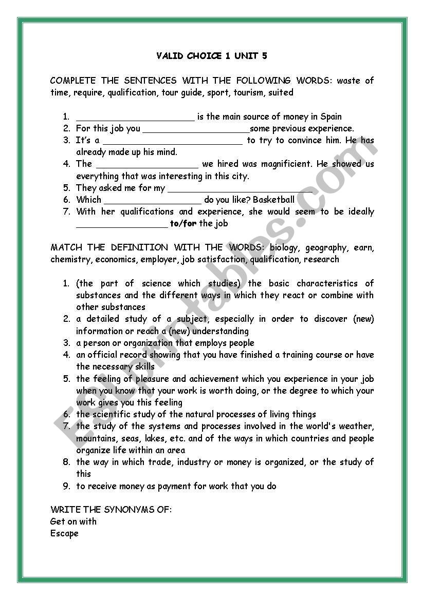 VALID CHOICE 1 UNIT 5 worksheet