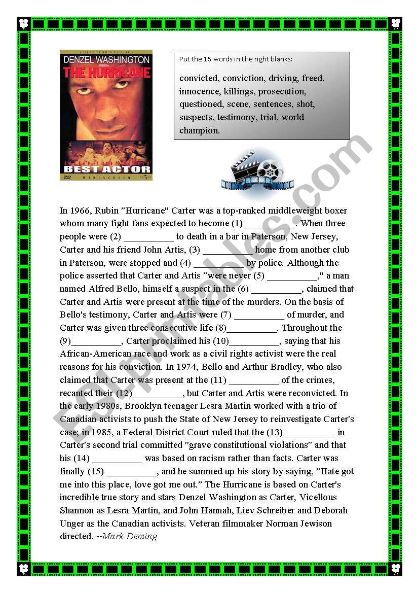 Hurricane Carter Movie Review worksheet