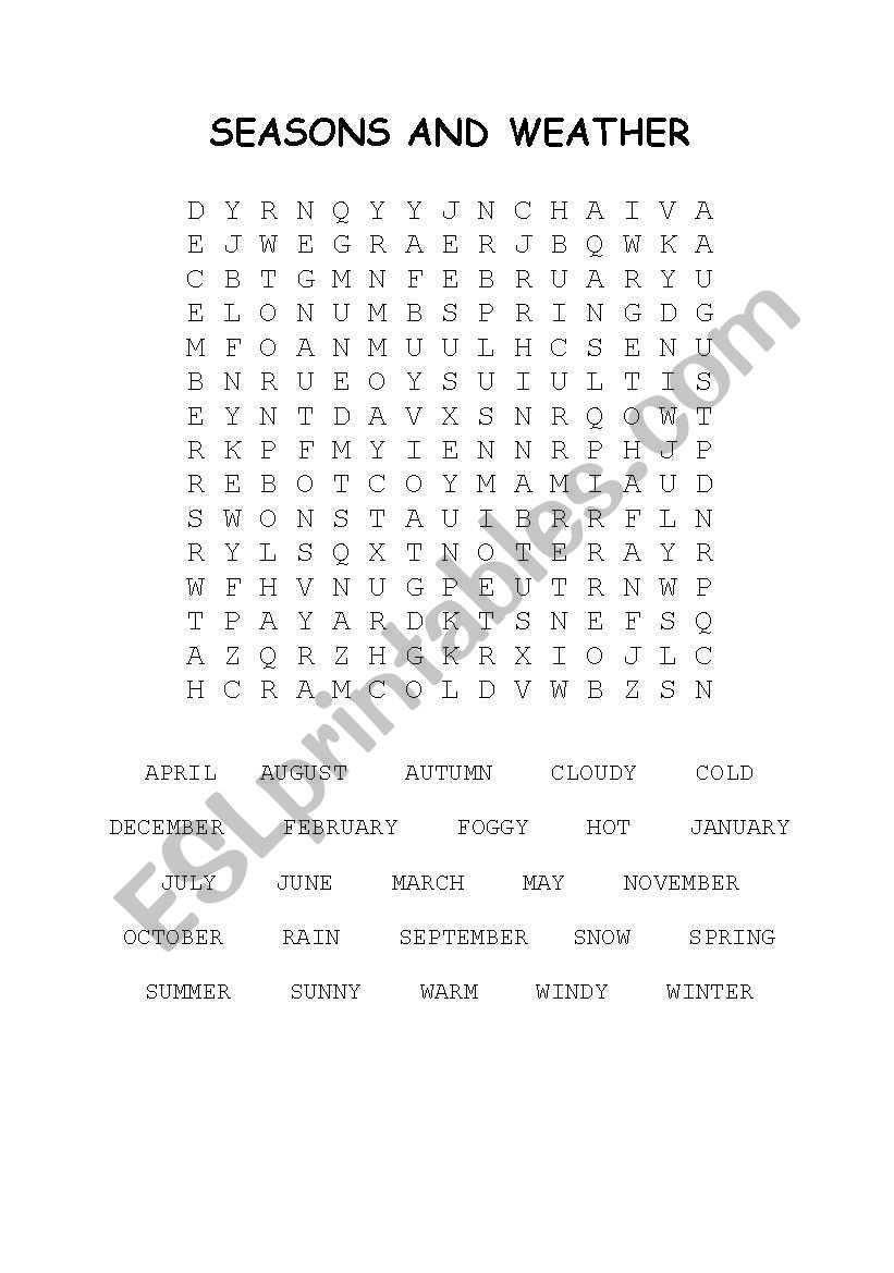 Seasons and weather wordsearch