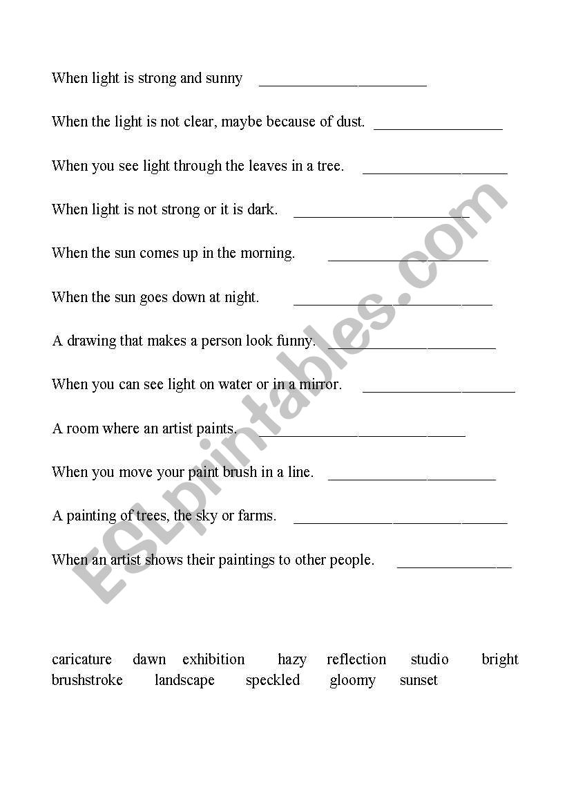vocabulary on light and art worksheet