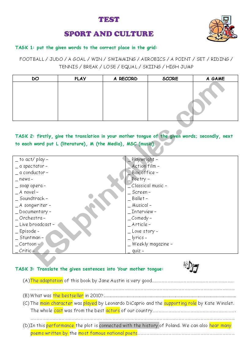 TEST - sport and culture worksheet