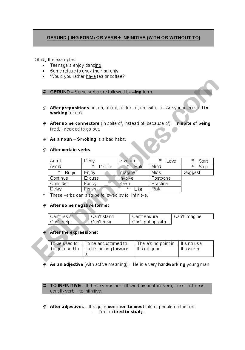 Gerund and Infinitive with and without to