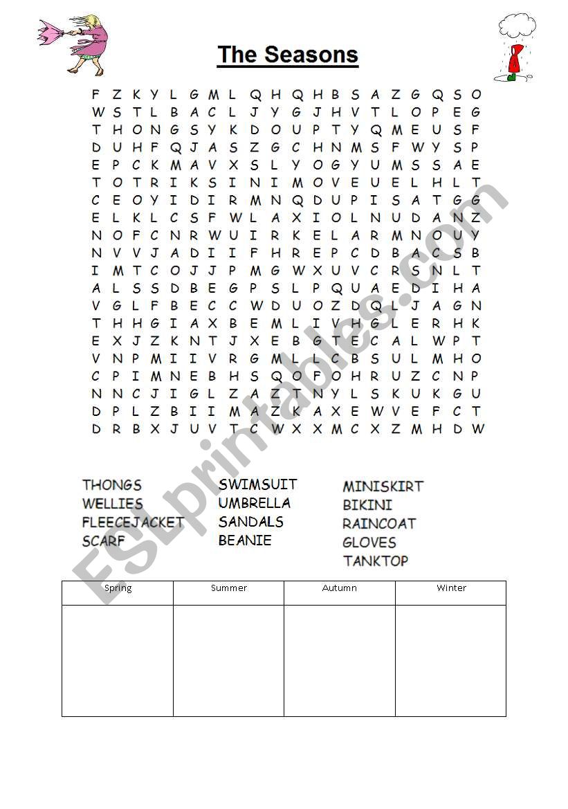 The Seasons, Wordsearch worksheet