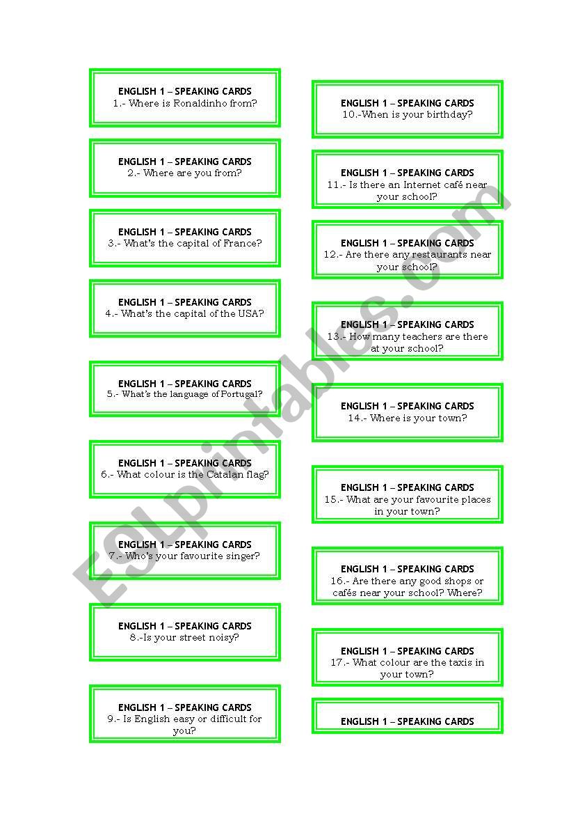 English 1 Speaking Cards worksheet