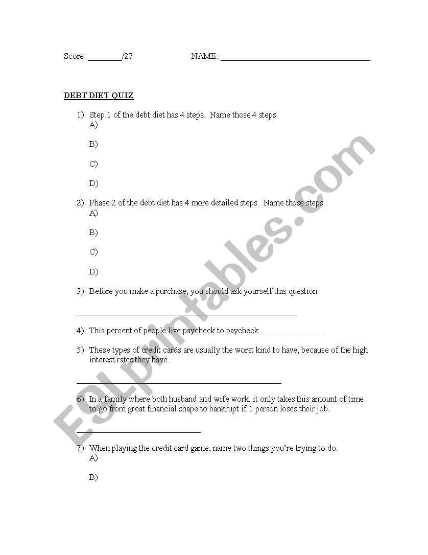 Oprah Debt Diet Ques worksheet