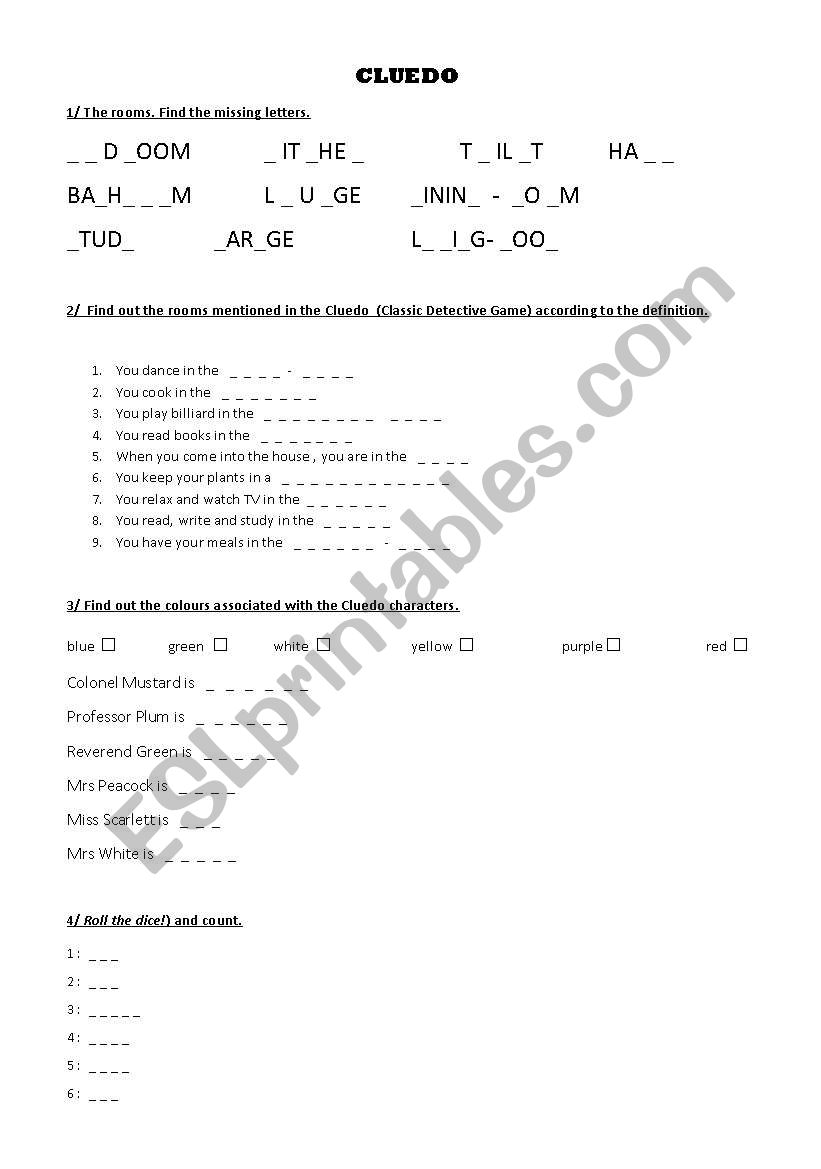 Cluedo game worksheet