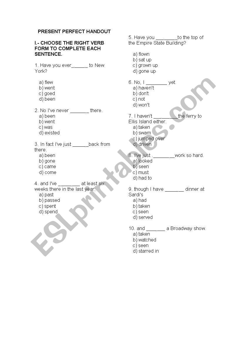 PRESENT PERFECT HANDOUT worksheet