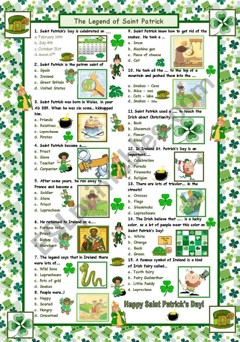 The Legend Of Saint Patrick With Answers Esl Worksheet By Maguyre