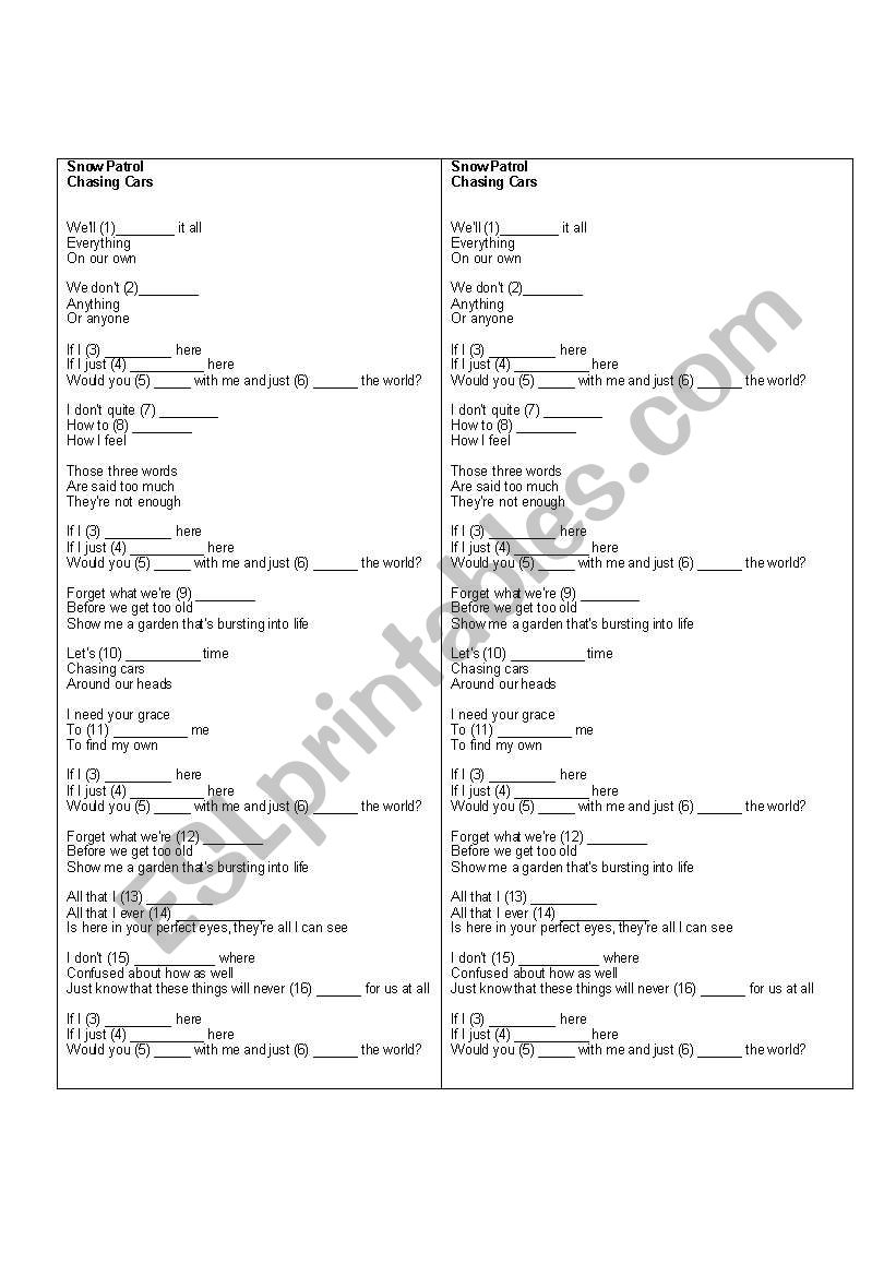 Song Chasing cars Snow Patrol worksheet