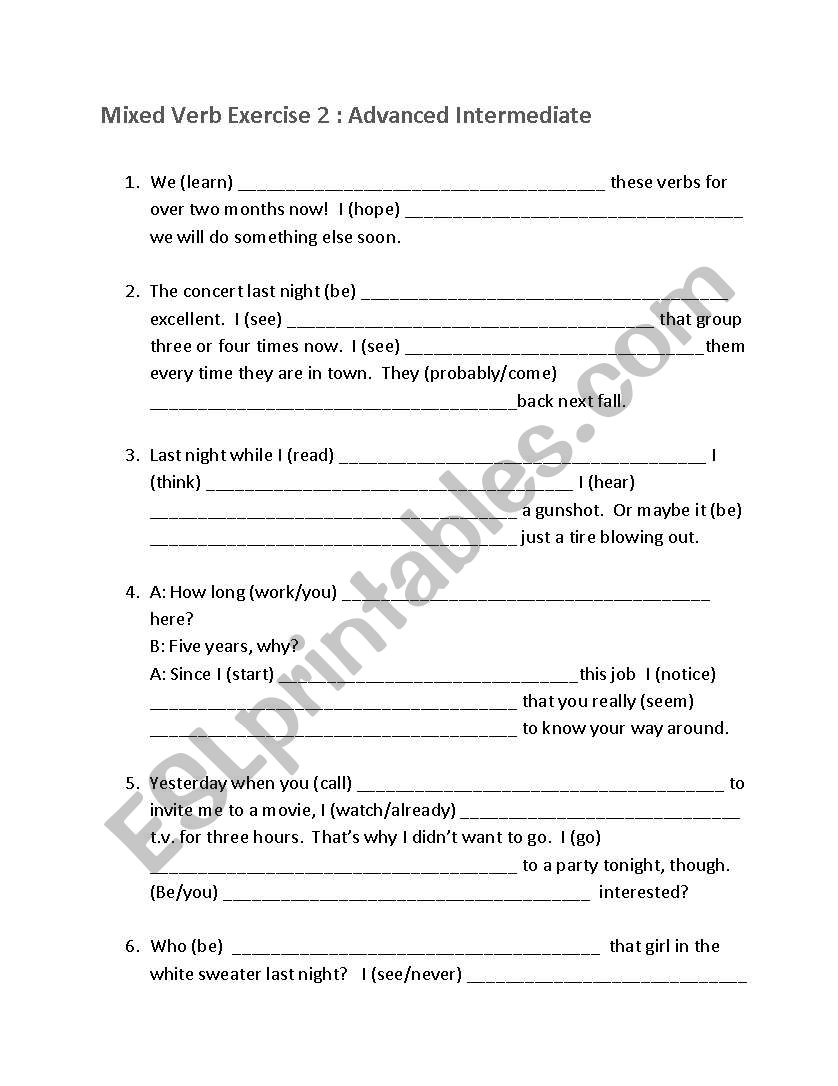 Mixed Verb Exercise 2 - Advanced Intermediate 