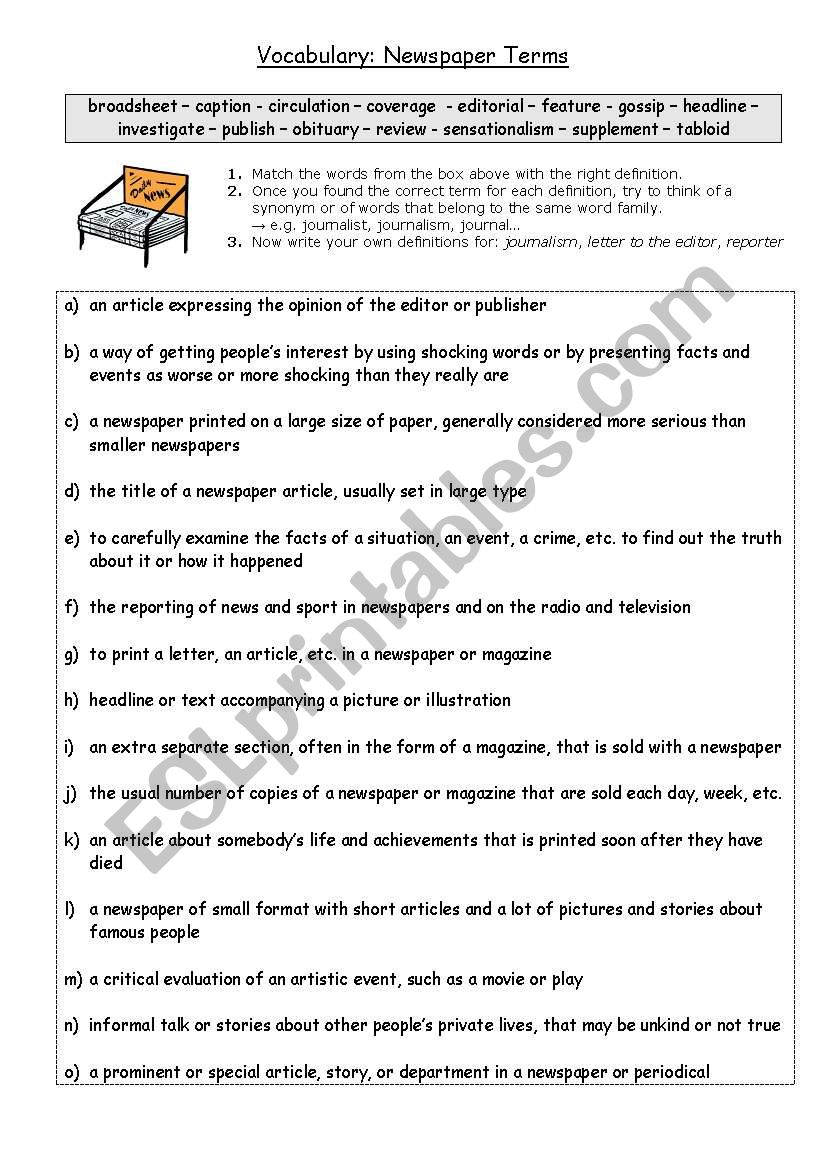 Newpaper Terms worksheet