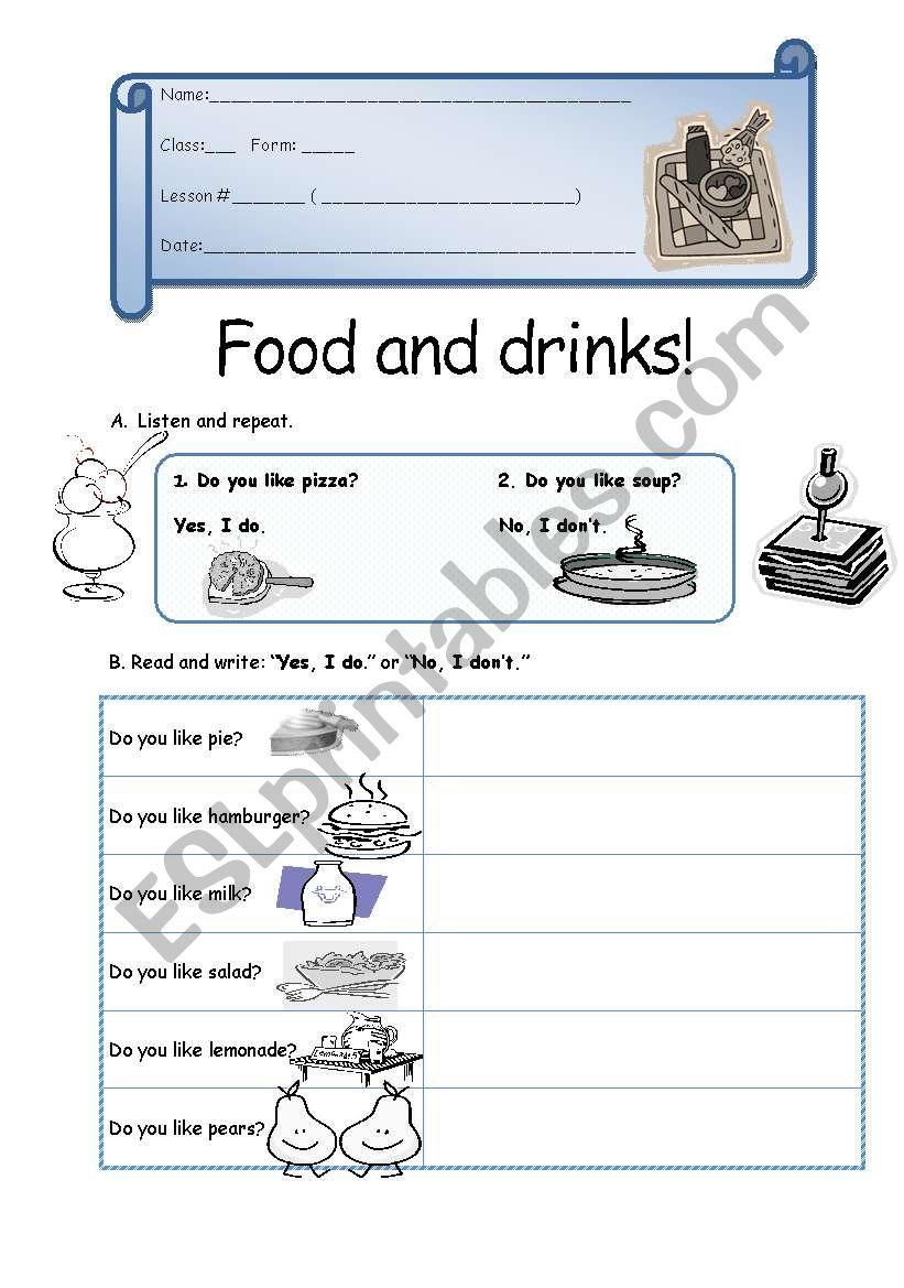 Food and drinks worksheet