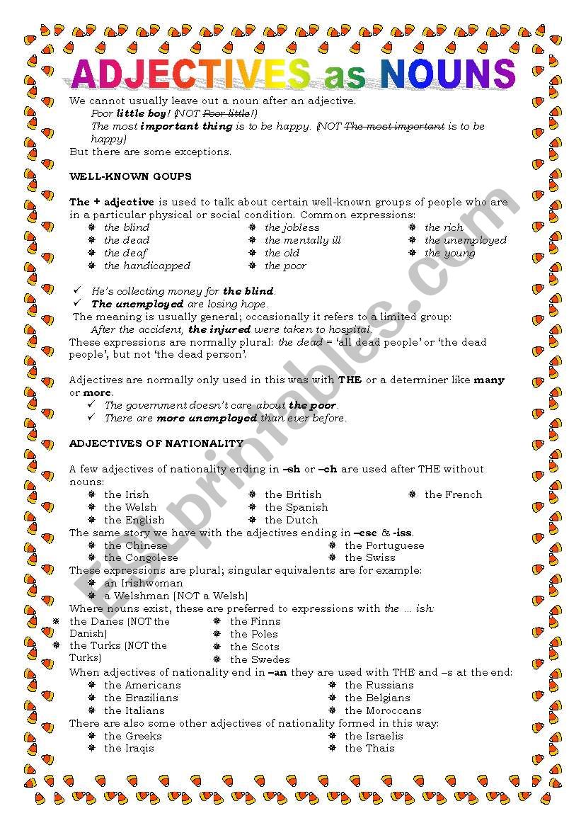 Nouns And Adjectives Suffixes Adjectives From Nouns English Esl Worksheets For Distance