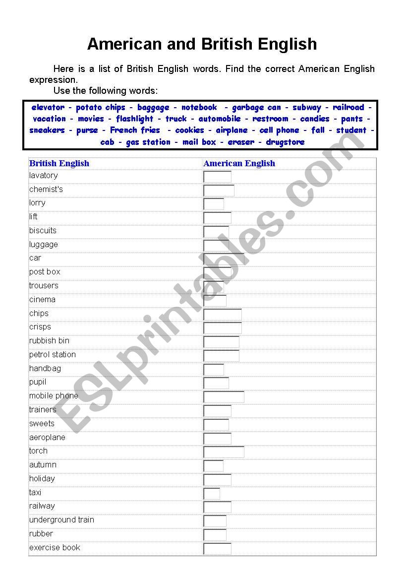 American and British English worksheet