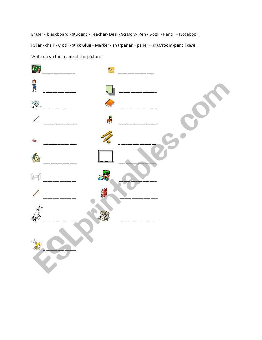 Classroom objects Excercises worksheet