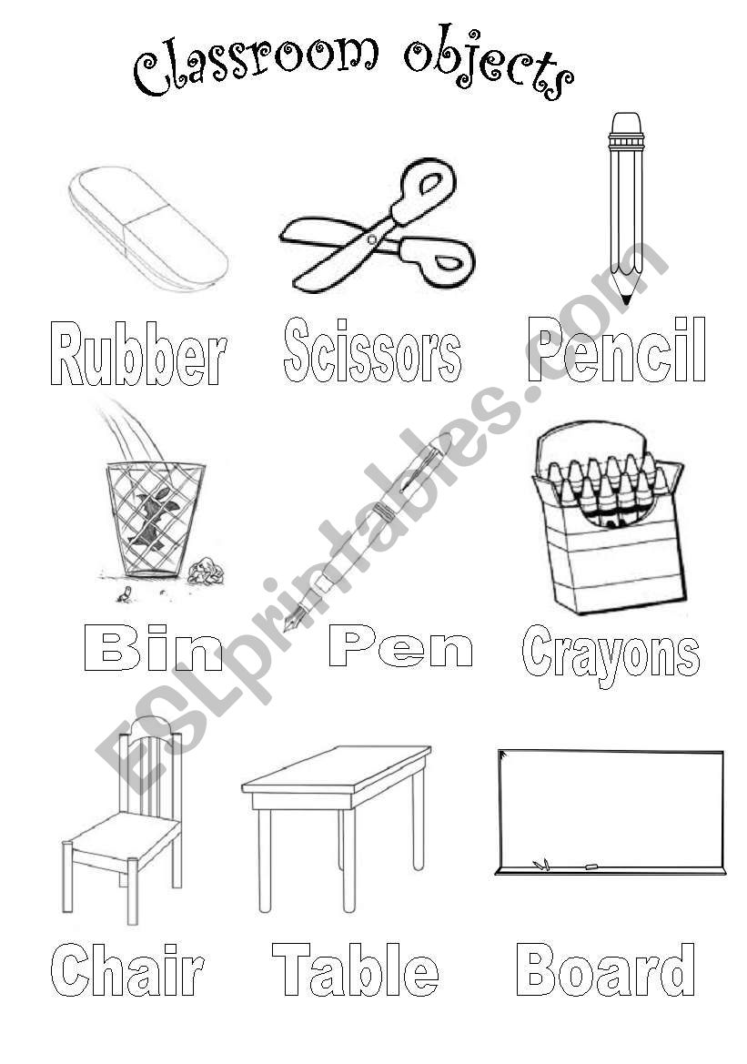 Classroom objects colouring worksheet