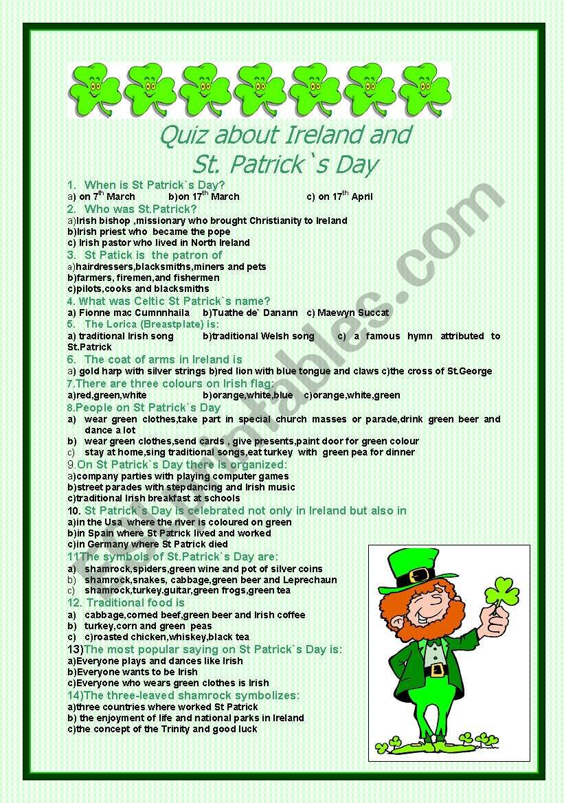 Quiz about Ireland and St Patrick s Day with answers ESL worksheet by