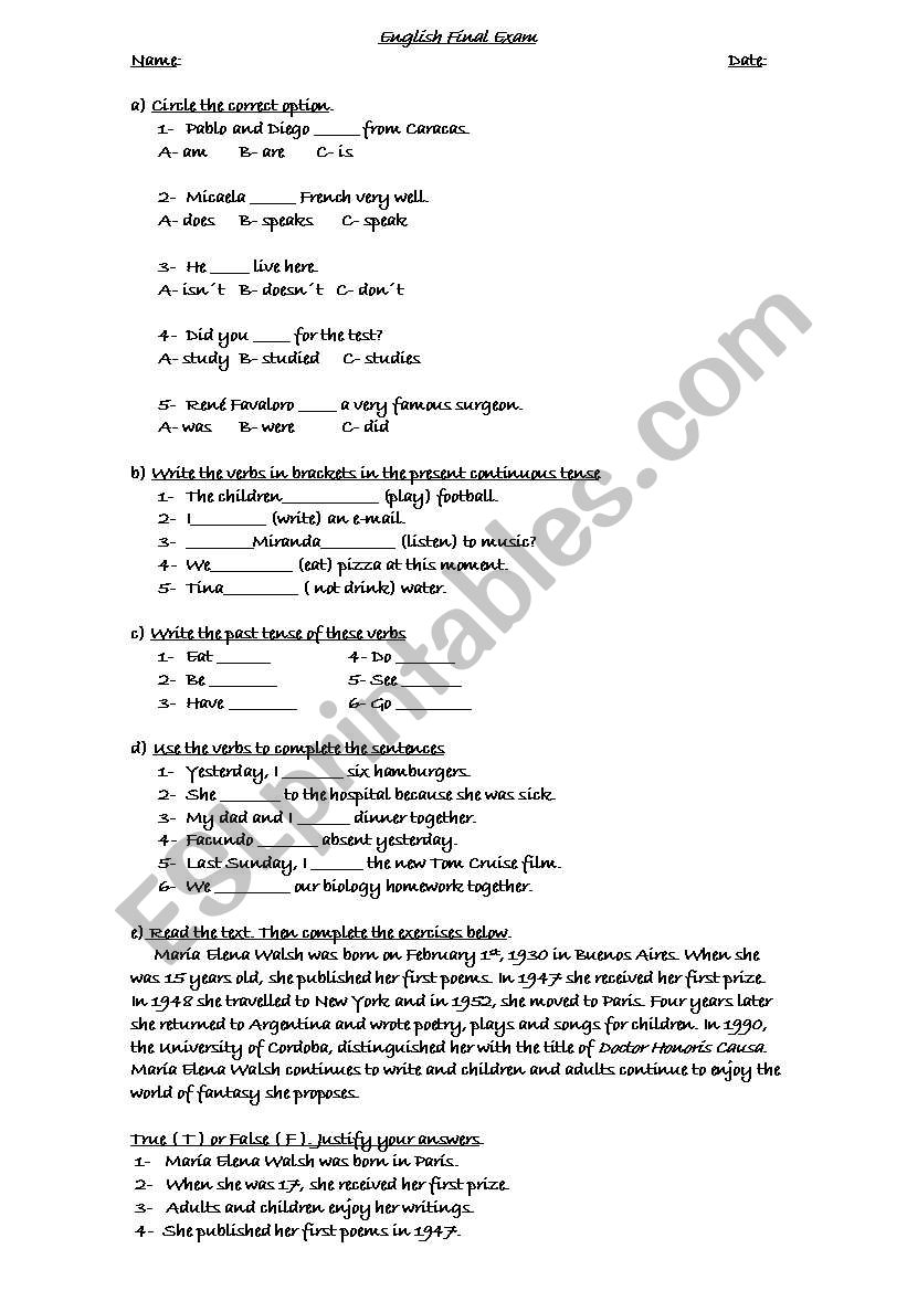 Final Exam Elementary worksheet