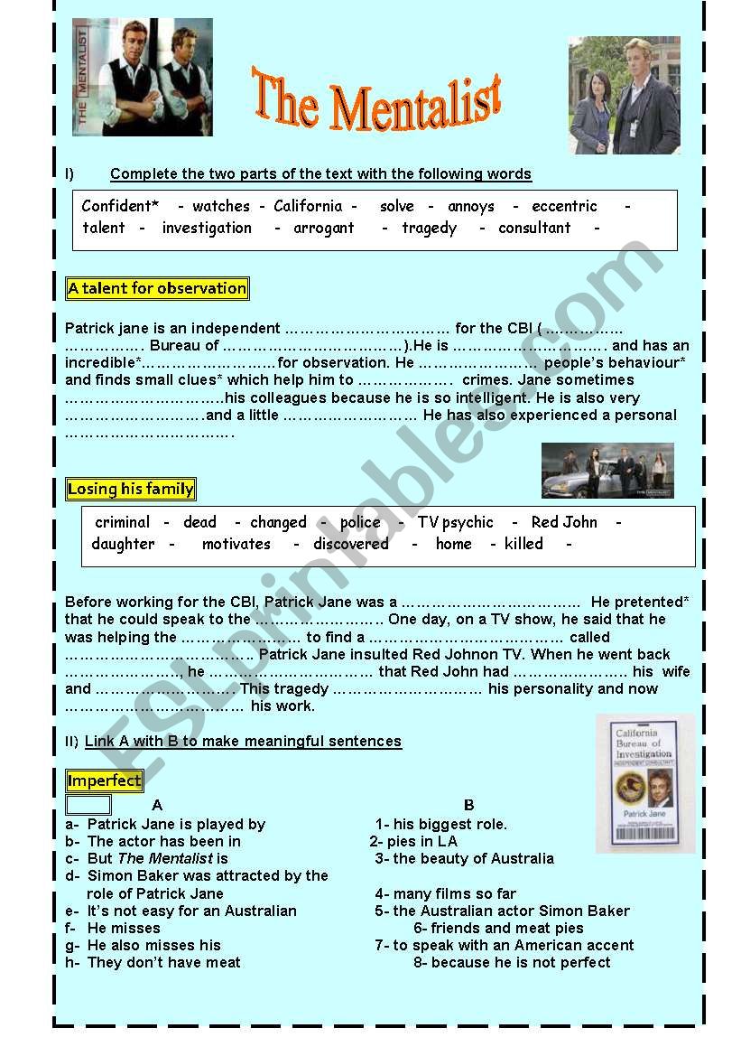 the mentalist a worksheet about the actor Simon Baker