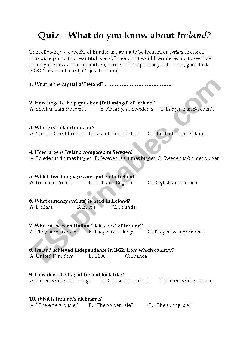 Ireland Quiz worksheet