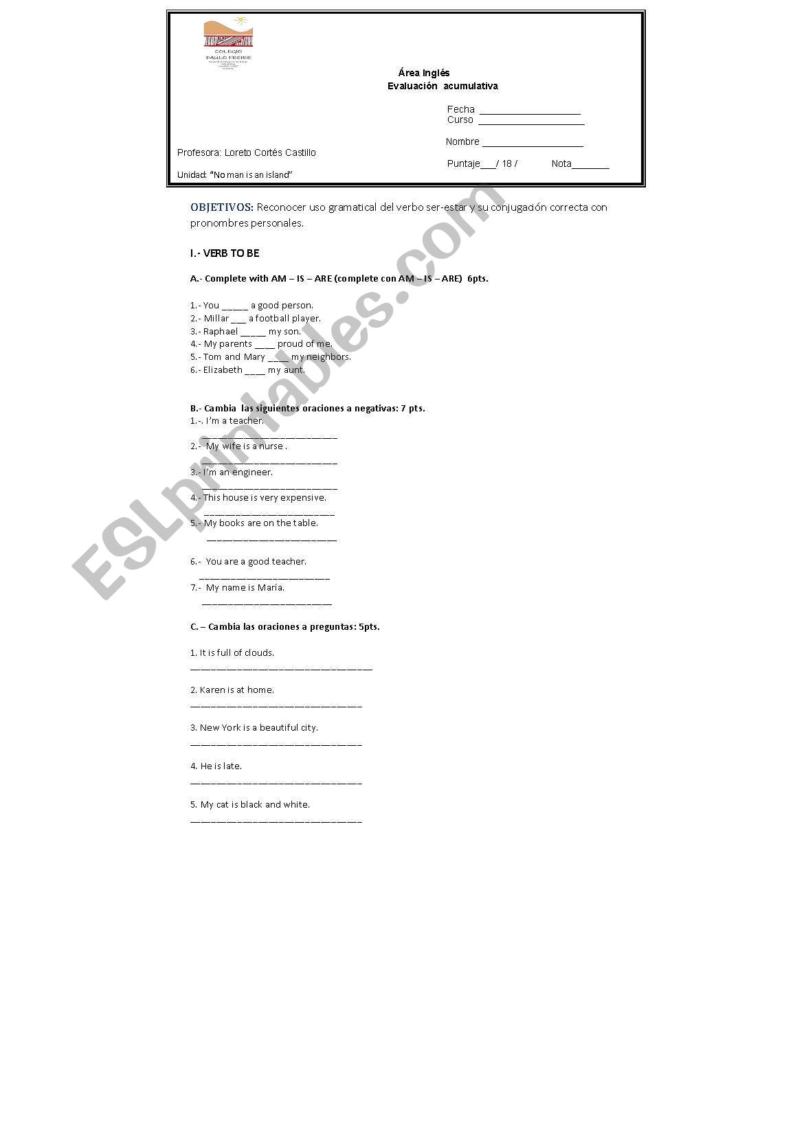 quiz verb to be worksheet