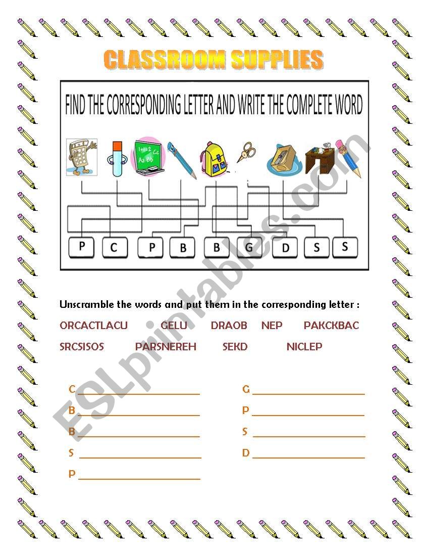 Classroom supplies worksheet